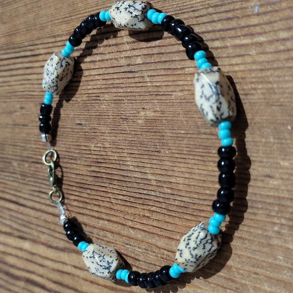 Men's Faux Bone,  Black and Turquoise Beaded Bracelet,  Handmade Bracelet - Picture 7 of 7